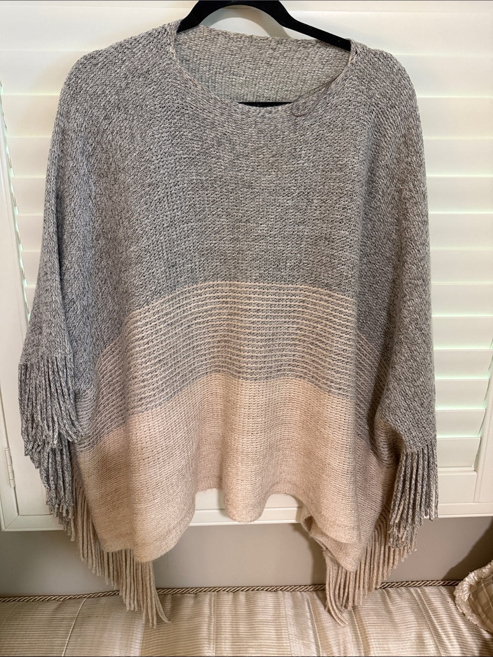Gentle Fawn Gray and Cream Fringed Knit Poncho